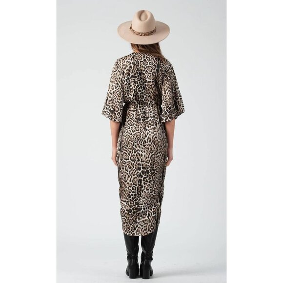 NWT Lucca Couture Cheetah V Neck Bell Sleeve Draped Midi Dress - Picture 2 of 14